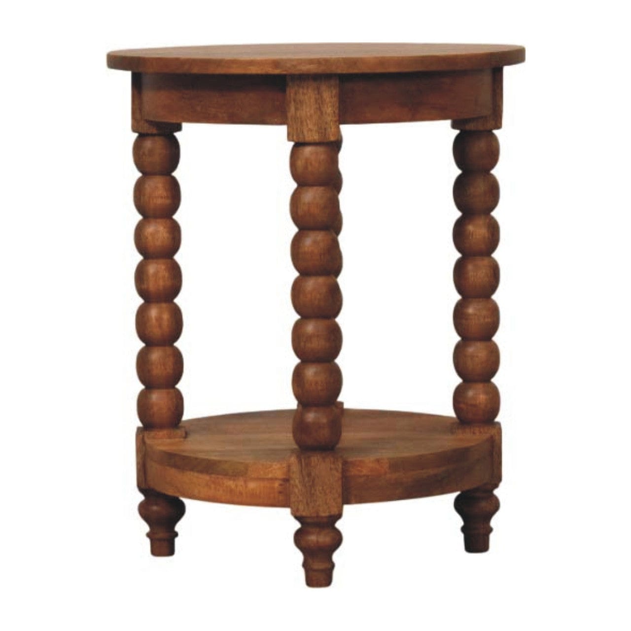 Barley Twist Round Golden Teak End Table - Solid Mango Wood Side Table for Living Room - product view 9 showing...