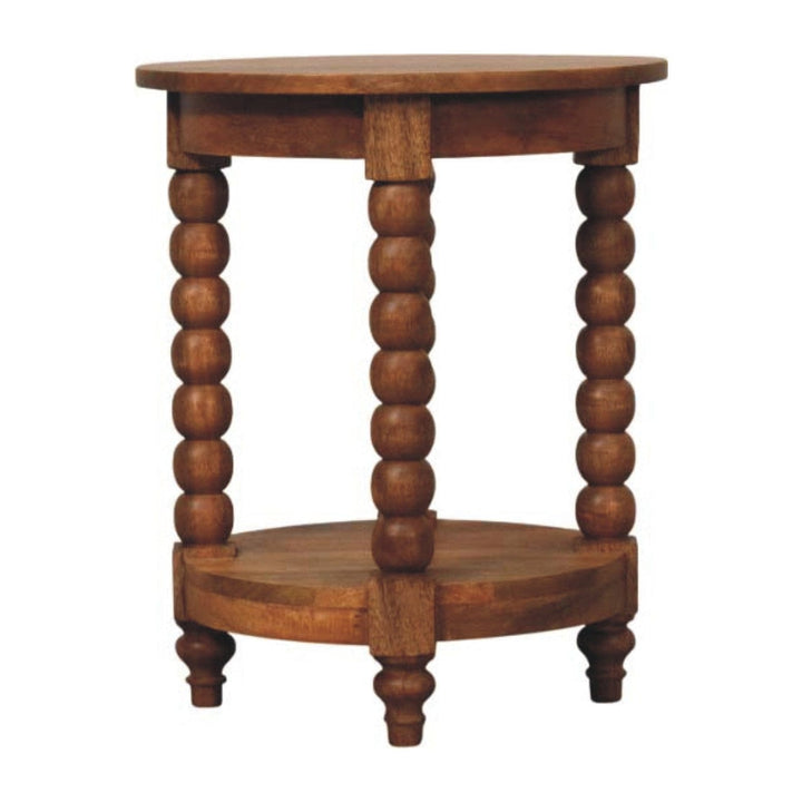 Barley Twist Round Golden Teak End Table - Solid Mango Wood Side Table for Living Room - product view 9 showing...
