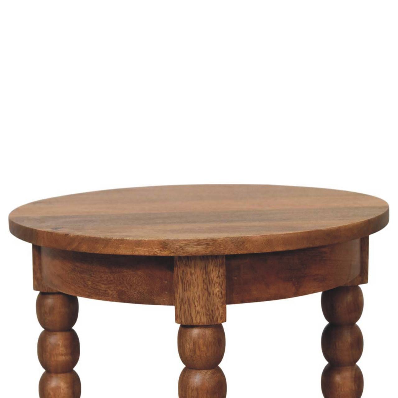 Barley Twist Round Golden Teak End Table - Solid Mango Wood Side Table for Living Room - product view 5 showing...