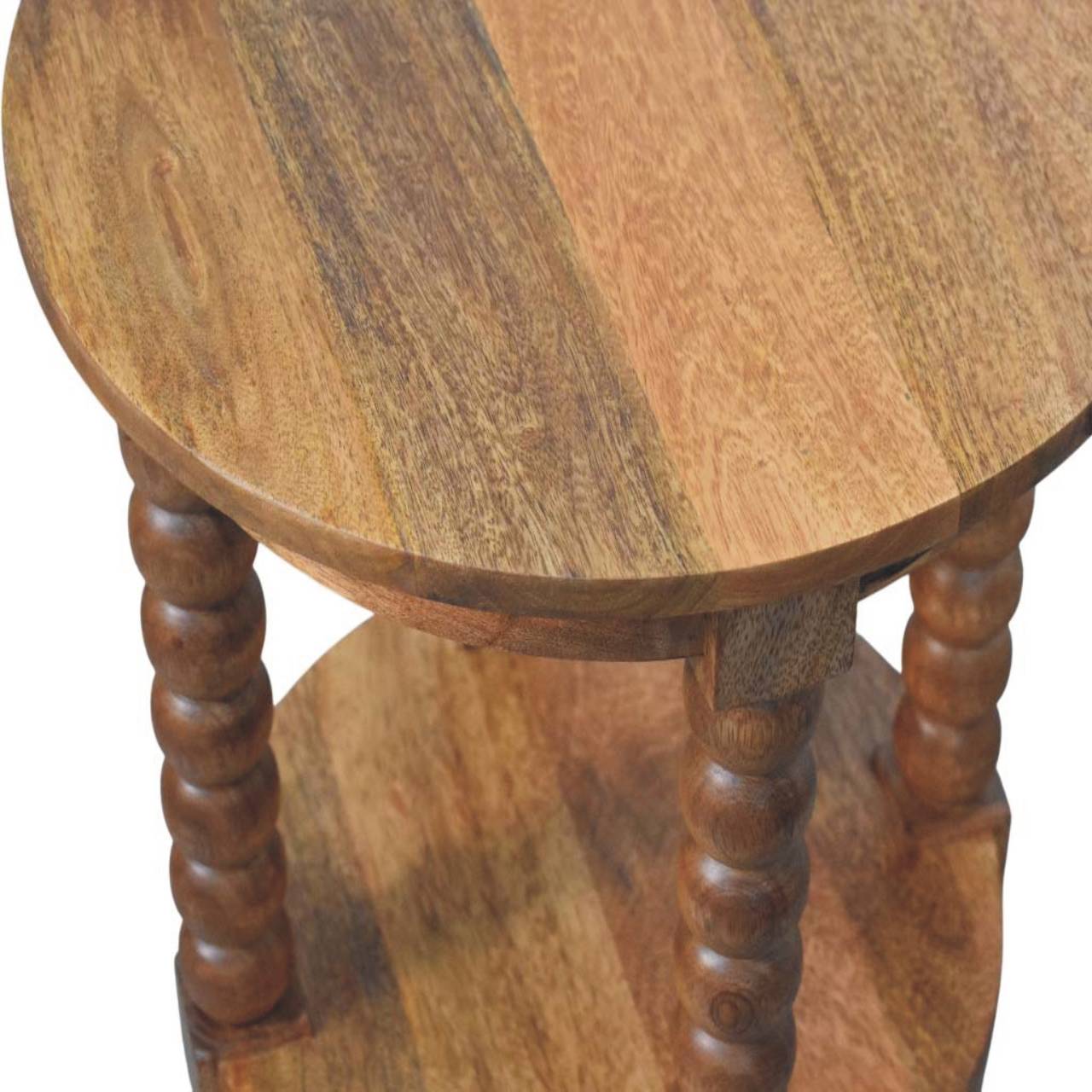 Barley Twist Round Golden Teak End Table - Solid Mango Wood Side Table for Living Room - product view 4 showing...