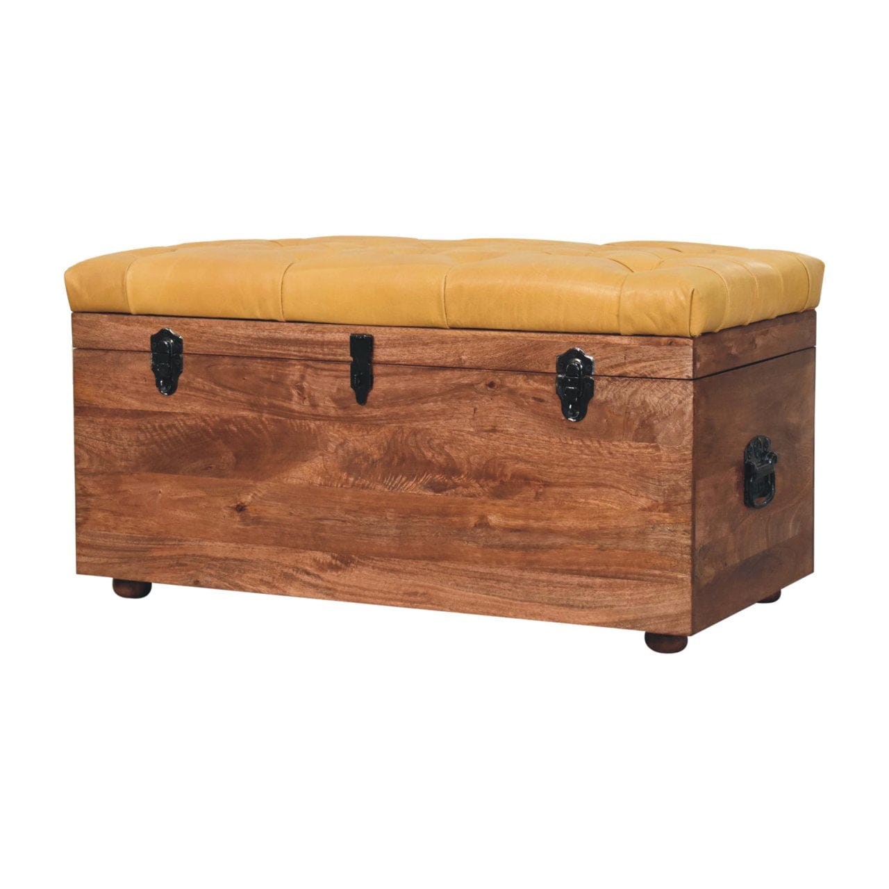 Buffalo Hide Honey Caramel Storage Trunk - Solid Mango Wood Blanket Chest for Bedroom