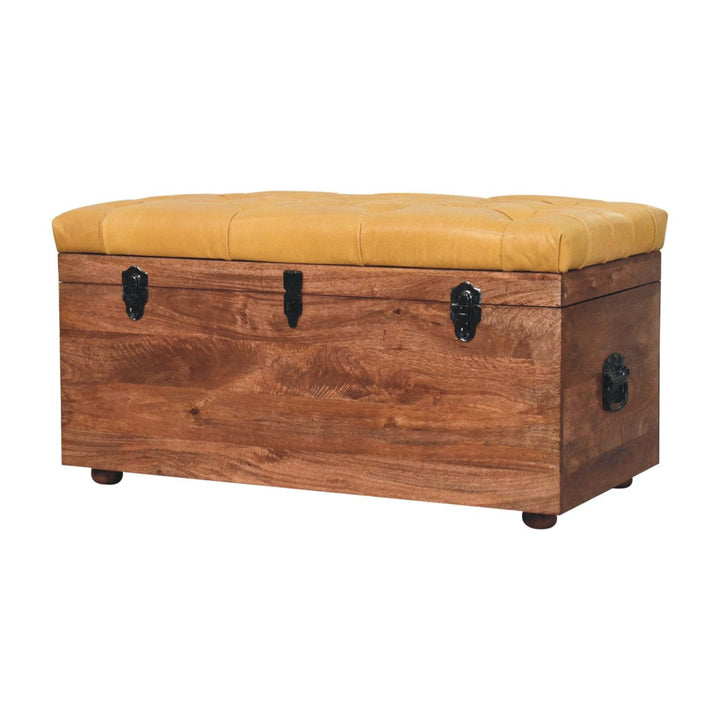 Buffalo Hide Honey Caramel Storage Trunk - Solid Mango Wood Blanket Chest for Bedroom