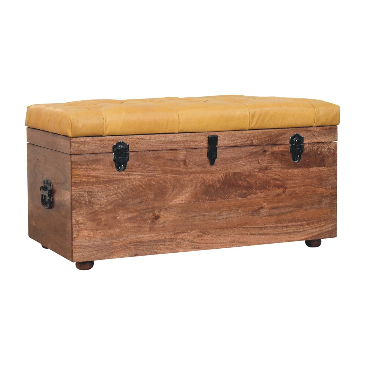Buffalo Hide Honey Caramel Storage Trunk - Solid Mango Wood Blanket Chest for Bedroom with tufted yellow lid.