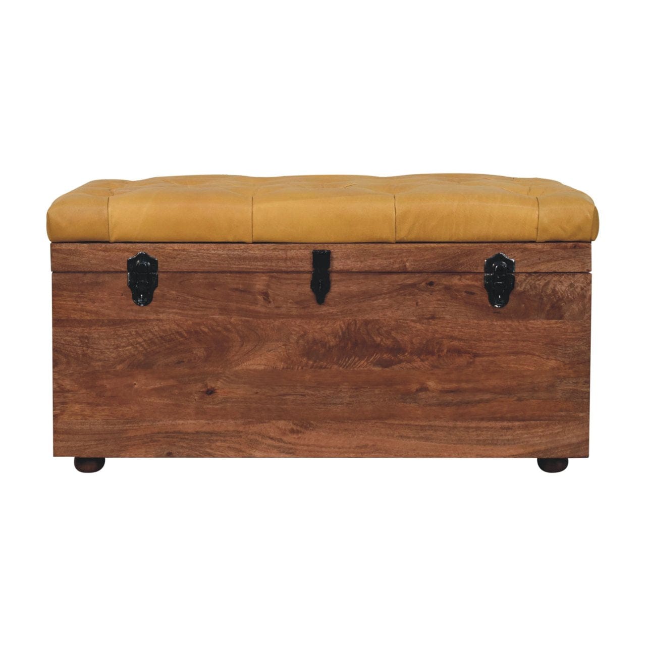 Buffalo Hide Honey Caramel Storage Trunk - Solid Mango Wood Blanket Chest for Bedroom with tufted leather top.