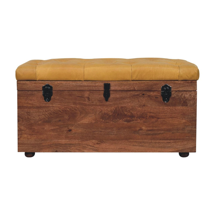 Buffalo Hide Honey Caramel Storage Trunk - Solid Mango Wood Blanket Chest for Bedroom with tufted leather top.
