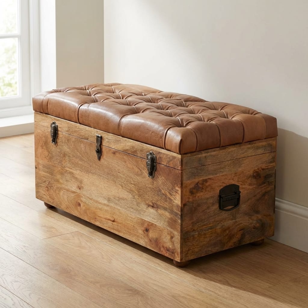 Buffalo Hide Oak-ish Storage Trunk - Solid Mango Wood Blanket Chest for Bedroom