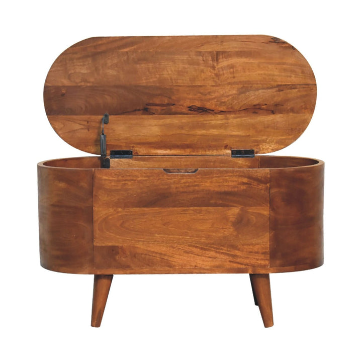 Chestnut Rounded Lid up Blanket Box - Solid Mango Wood Storage Trunk for Bedroom - product view 7 showing handcrafted...