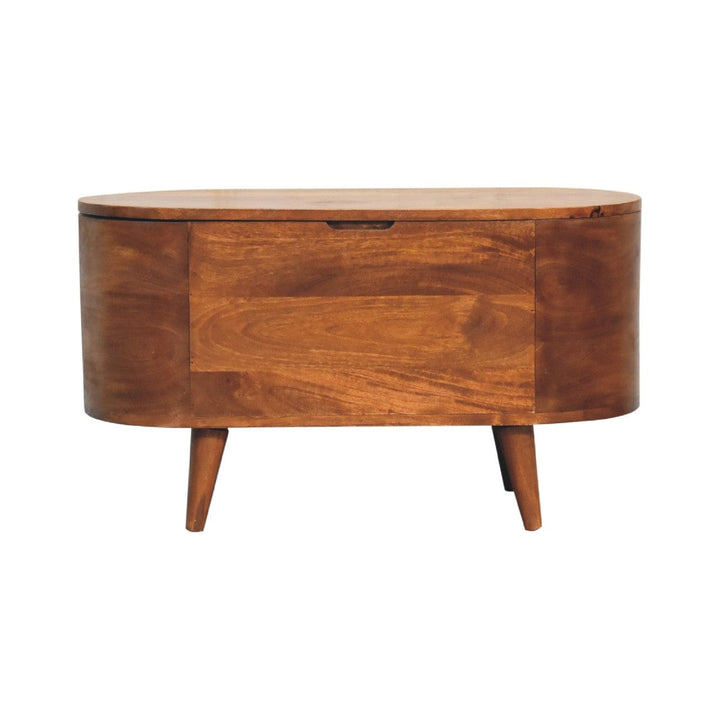 Chestnut Rounded Lid up Blanket Box - Solid Mango Wood Storage Trunk for Bedroom - product view 2 showing handcrafted...