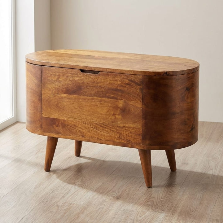 Chestnut Rounded Lid up Blanket Box - Solid Mango Wood Storage Trunk for Bedroom - main view showing handcrafted solid...