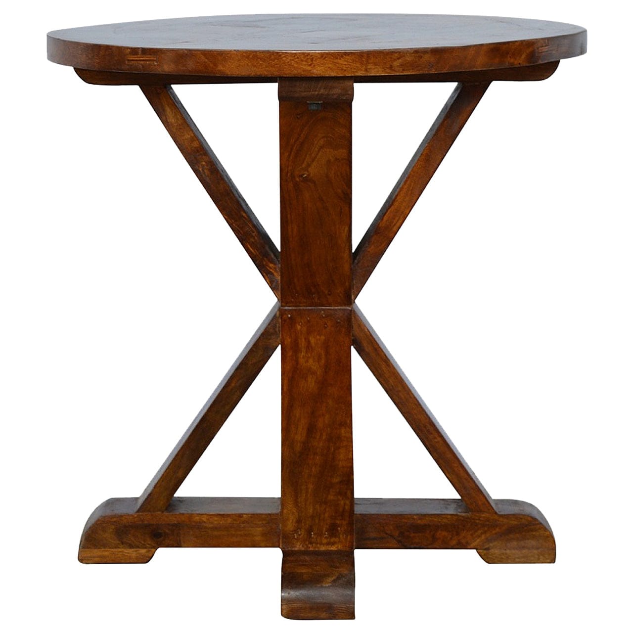 Chestnut Tristle Round Table for Bedroom in Solid Mango Wood - main view showing handcrafted solid mango wood dresser