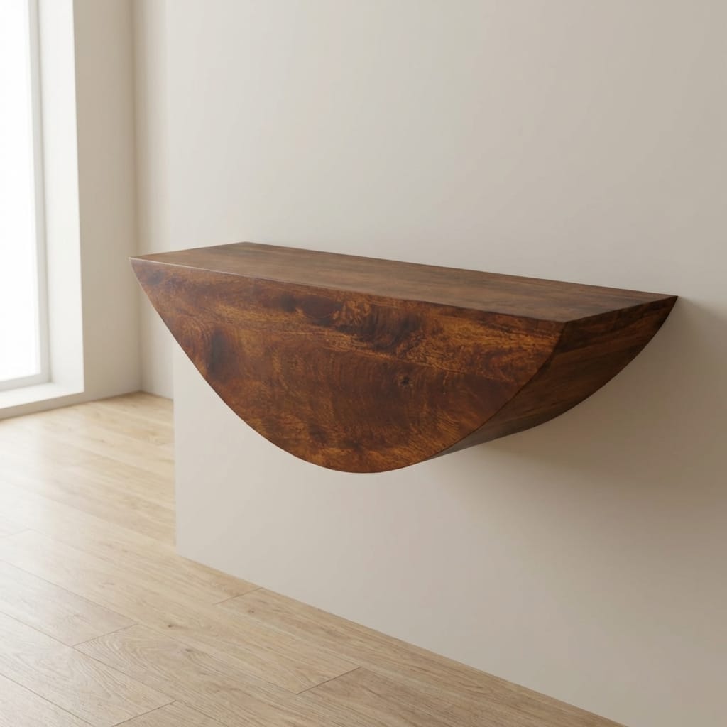 Crescent Floating Floating Shelf - Solid Mango Wood Wall Shelf for Living Room - main view showing handcrafted solid...
