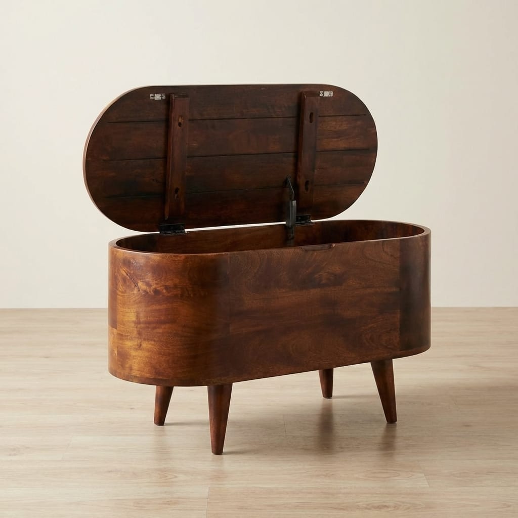 Curved California Walnut Blanket Box - Solid Mango Wood Storage Trunk for Bedroom - main view showing handcrafted solid...