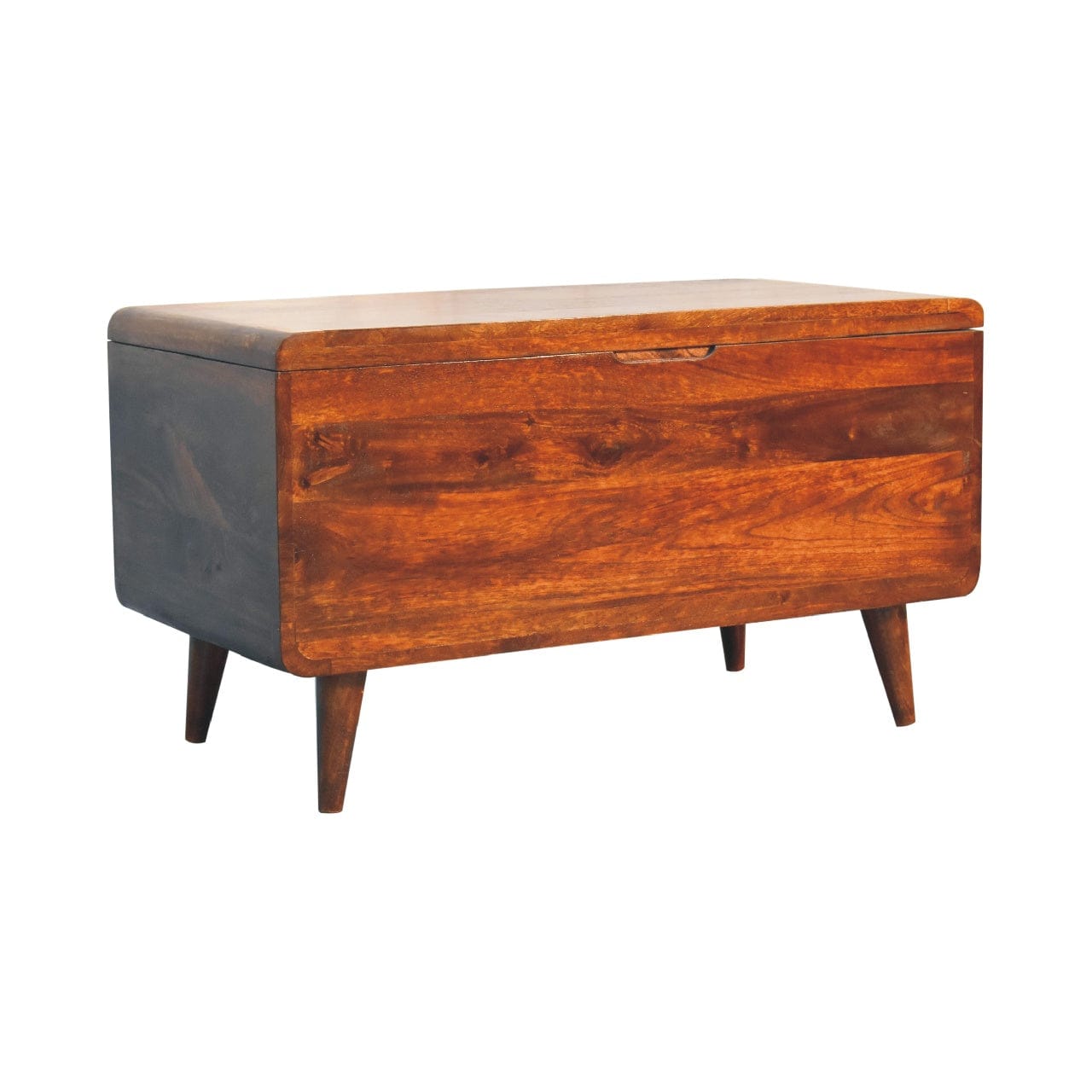 Curved Chestnut Blanket Box - Solid Mango Wood Storage Trunk for Bedroom - product view 3 showing handcrafted solid mango...