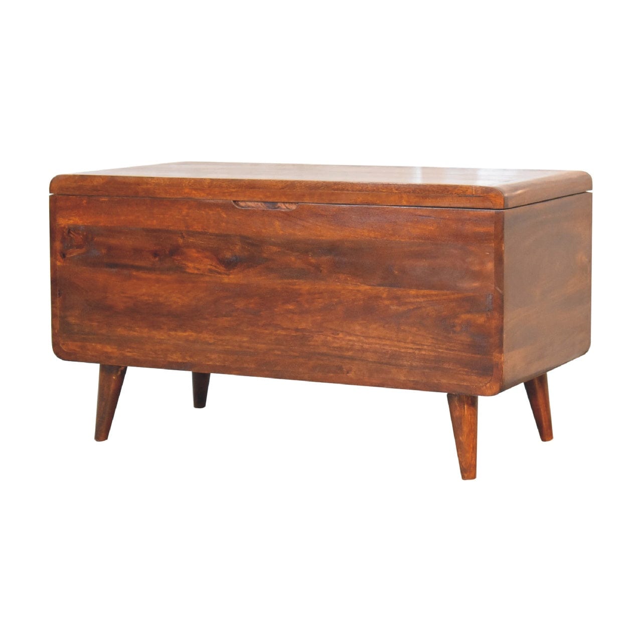 Curved Chestnut Blanket Box - Solid Mango Wood Storage Trunk for Bedroom - product view 2 showing handcrafted solid mango...