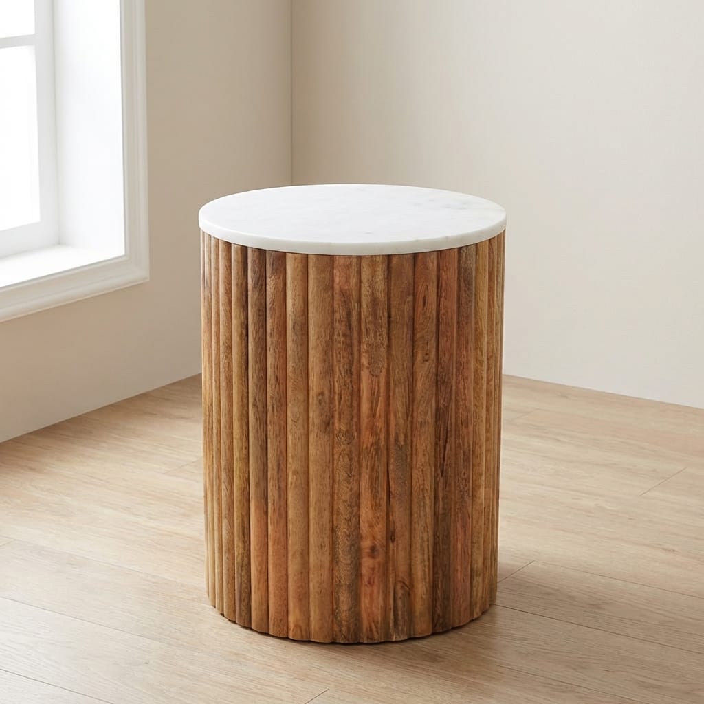 Fluted Marble End Table - Solid Mango Wood Side Table for Living Room - main view showing handcrafted solid mango wood...
