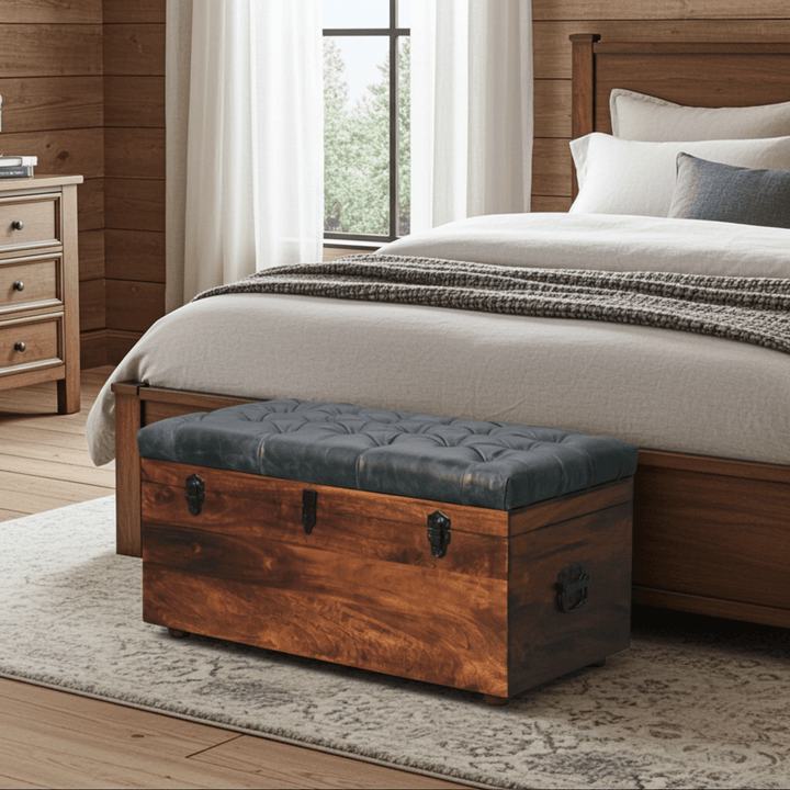Handcrafted Black Buffalo hide leather Storage Trunk - Solid Mango Wood Blanket Chest for Bedroom - main view showing...