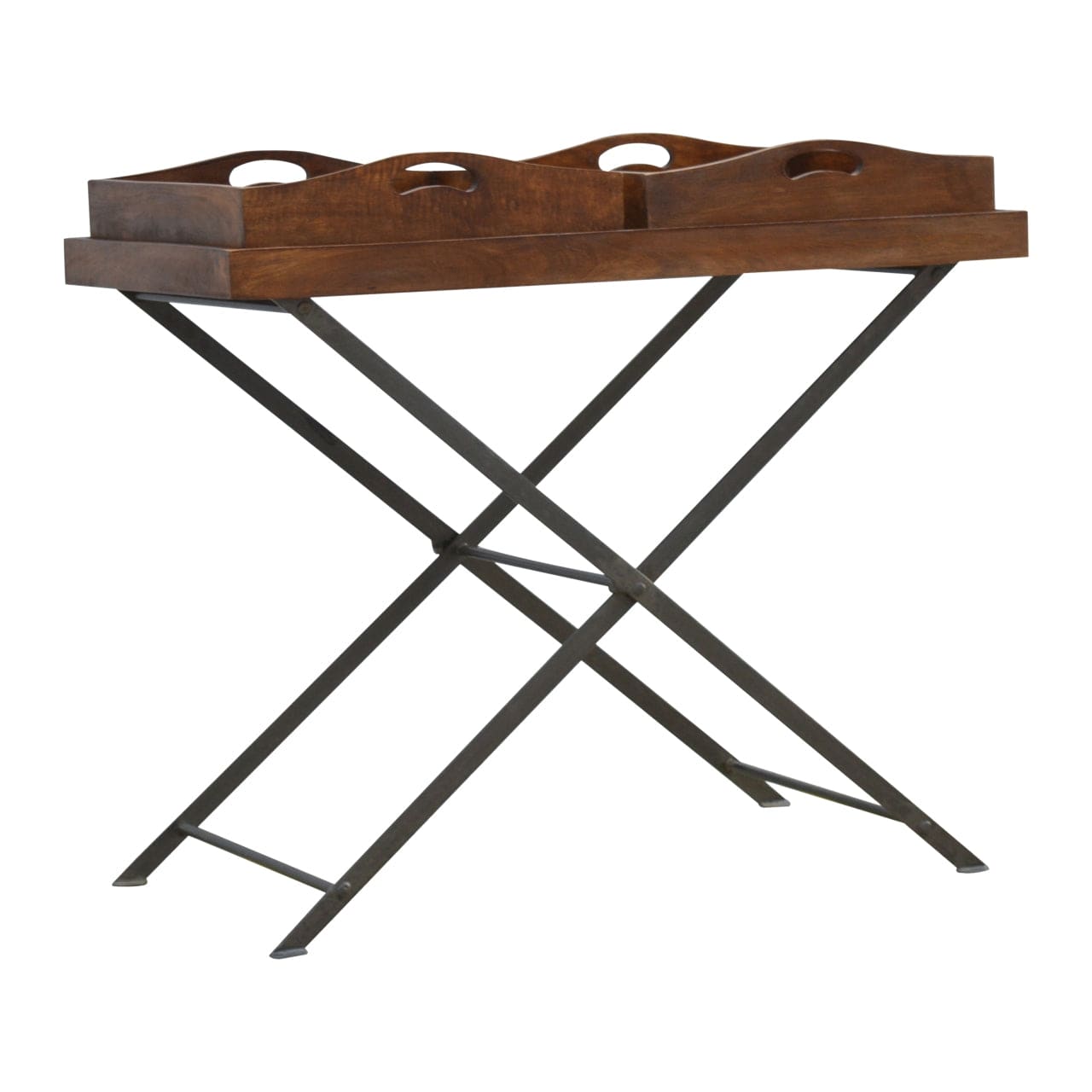 Industrial Metal Butler Tray in Solid Mango Wood - main view showing handcrafted solid mango wood furniture