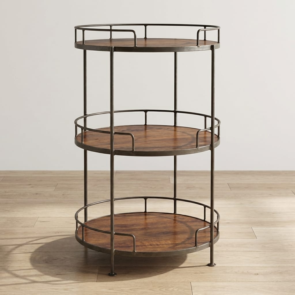Industrial Round Butler Tray Table - Solid Mango Wood Butler Tray for Living Room - main view showing handcrafted solid...