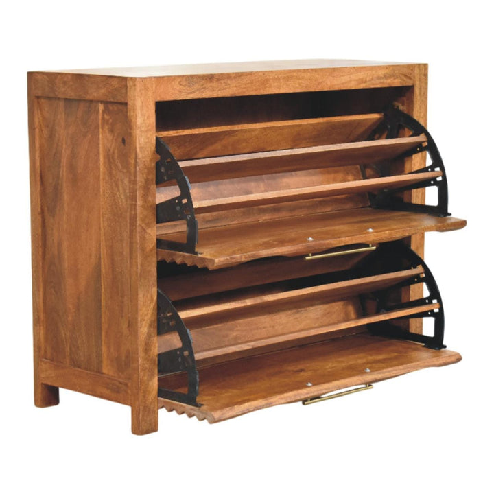 Amber Wavefront Shoe Storage Cabinet - Solid Mango Wood Entryway Shoe Organizer (Amber Oak) - product view 3 showing...