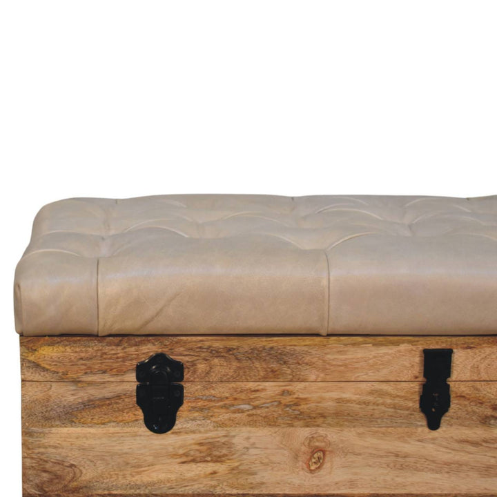 Mid-Century Modern Beige Buffalo hide leather Storage Trunk - Solid Mango Wood Blanket Chest for Bedroom - product view 3...