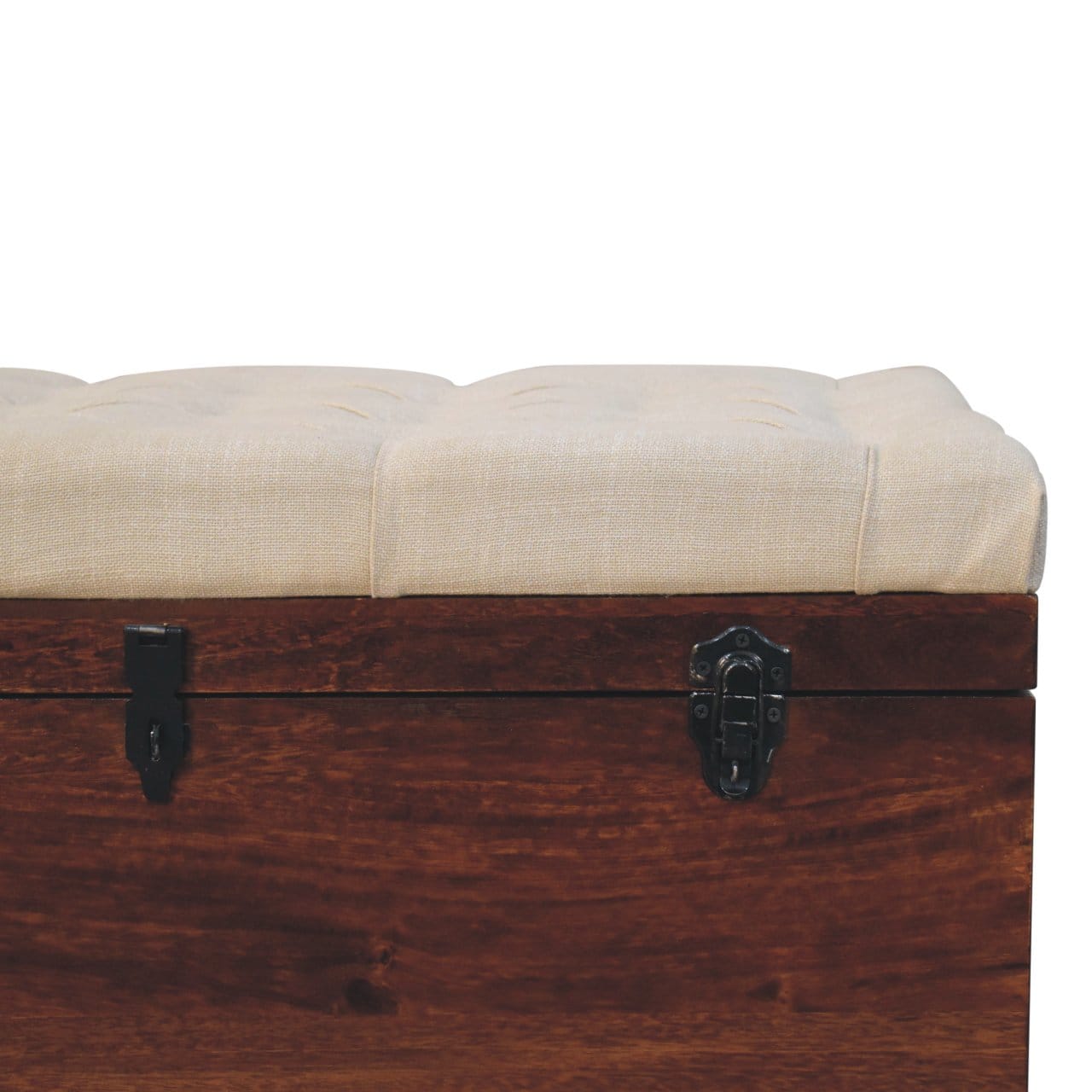 Mid-Century Modern California Walnut White Linen Storage Trunk - Solid Mango Wood Blanket Chest for Bedroom - product...