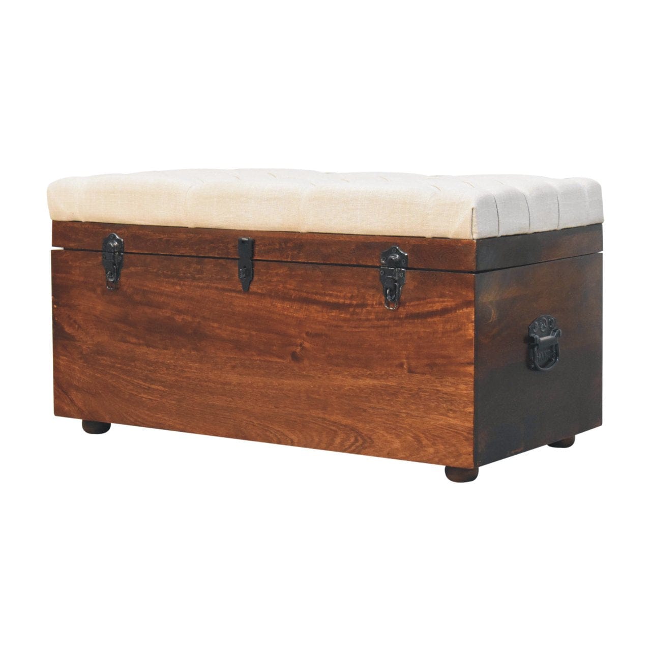 Mid-Century Modern California Walnut White Linen Storage Trunk - Solid Mango Wood Blanket Chest for Bedroom - product...