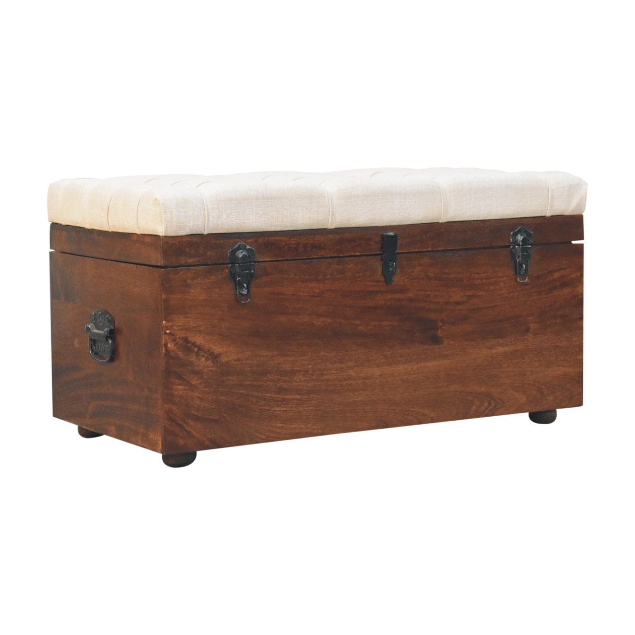 Mid-Century Modern California Walnut White Linen Storage Trunk - Solid Mango Wood Blanket Chest for Bedroom - product...