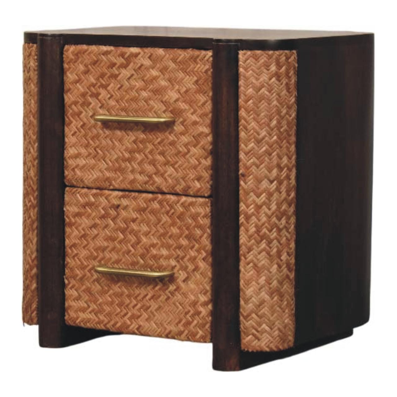 Rustic Solid Mango Wood Havana Canefront Nightstand - California Walnut Bedside Table - product view 2 showing...