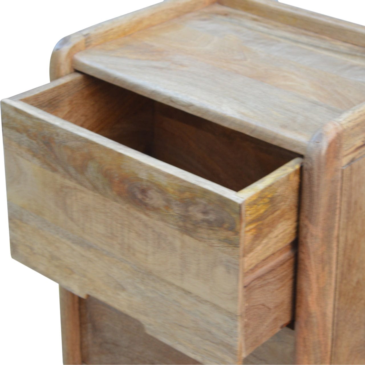 Gallery Back Nightstand - Solid Mango Wood Bedside Table for Bedroom - product view 6 showing handcrafted solid mango...