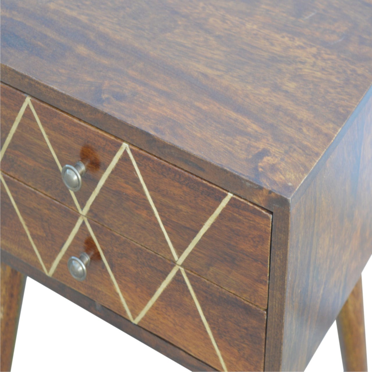 Geo Brass Inlay Nightstand - Solid Mango Wood Bedside Table for Bedroom - product view 6 showing handcrafted solid mango...