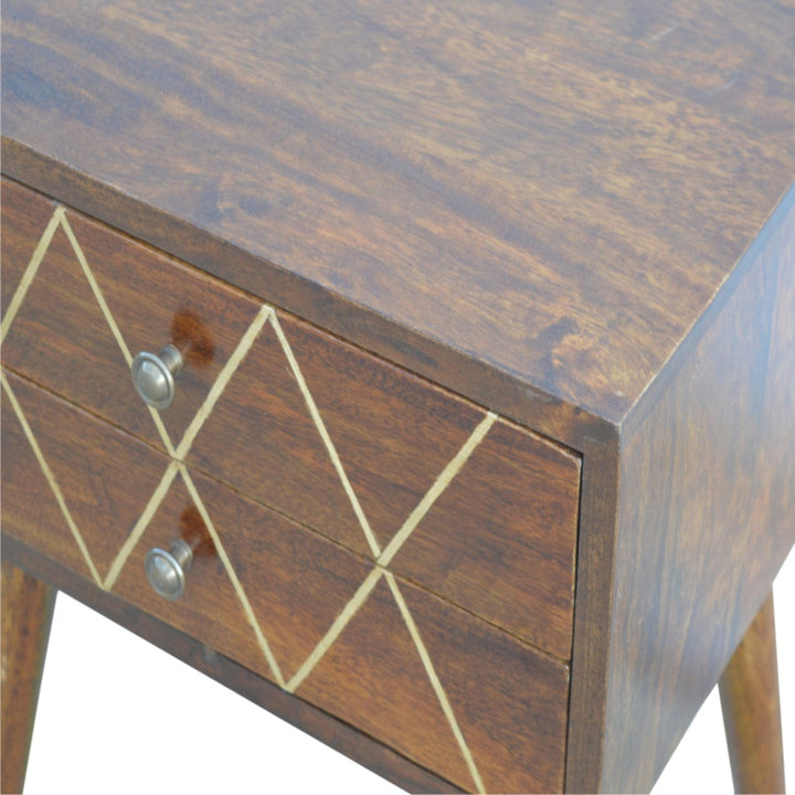 Geo Brass Inlay Nightstand - Solid Mango Wood Bedside Table for Bedroom - product view 6 showing handcrafted solid mango...