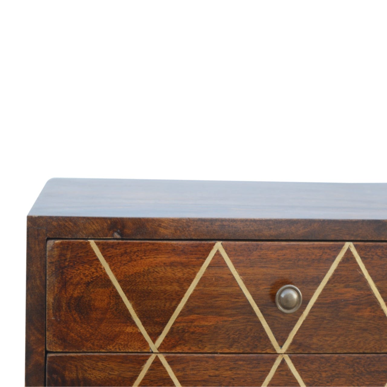 Geo Brass Inlay Nightstand - Solid Mango Wood Bedside Table for Bedroom - product view 5 showing handcrafted solid mango...