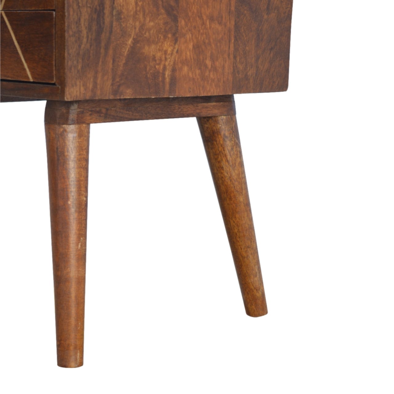 Geo Brass Inlay Nightstand - Solid Mango Wood Bedside Table for Bedroom - product view 4 showing handcrafted solid mango...