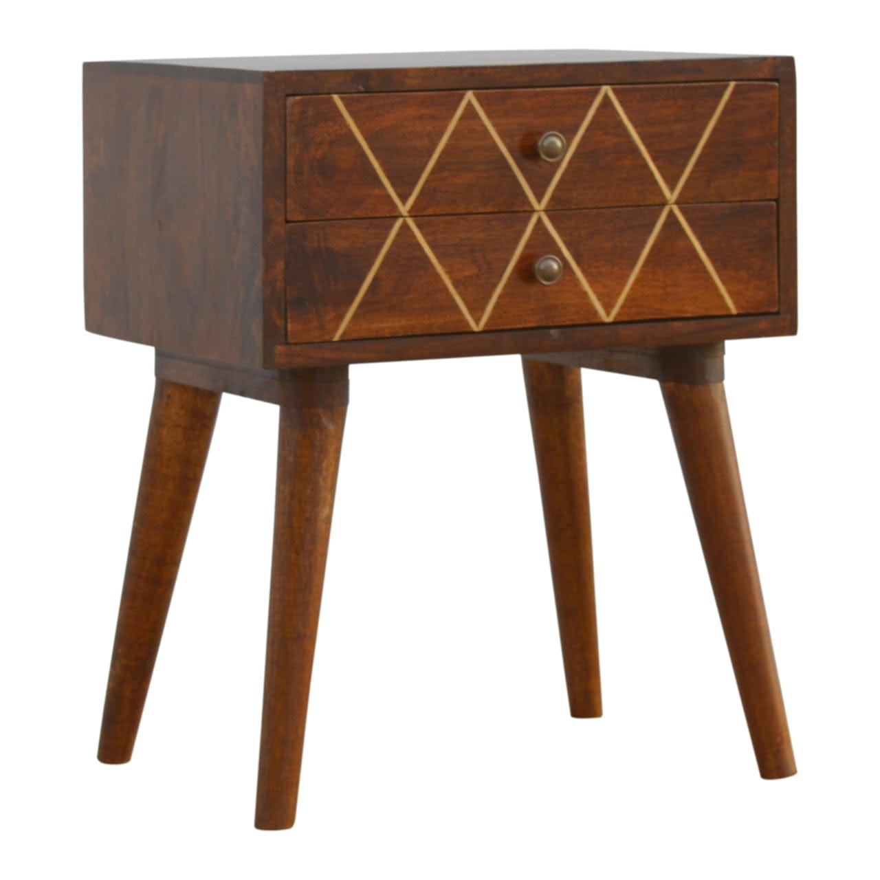 Geo Brass Inlay Nightstand - Solid Mango Wood Bedside Table for Bedroom - product view 3 showing handcrafted solid mango...