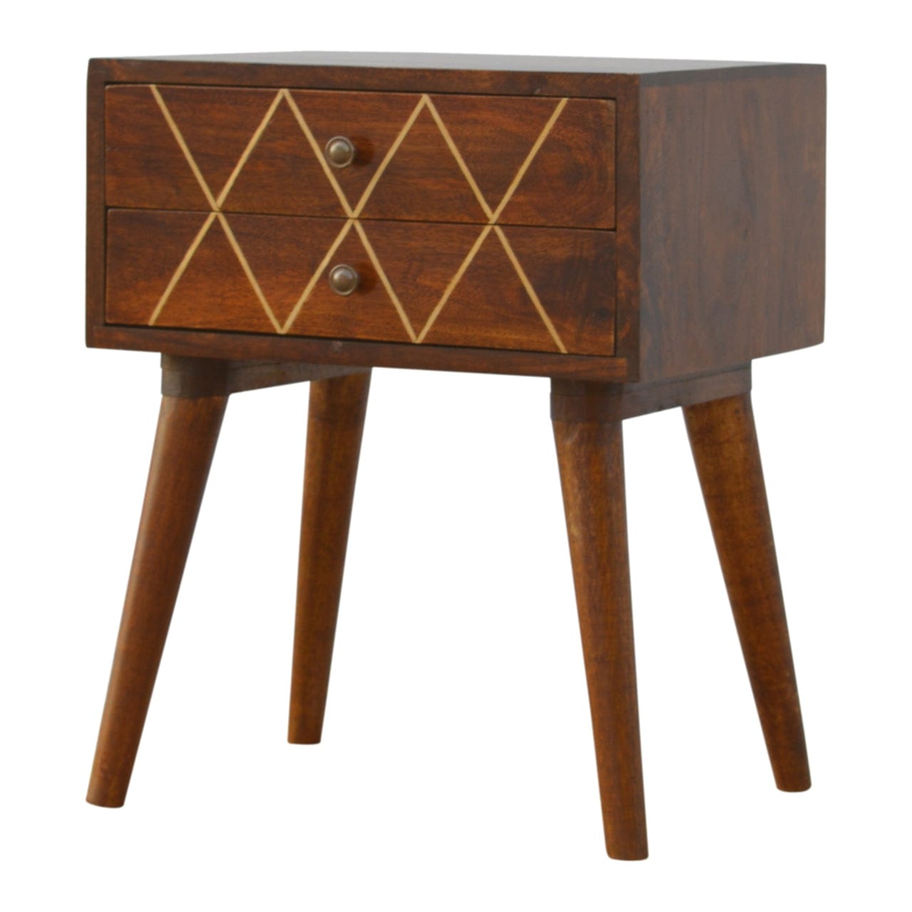 Geo Brass Inlay Nightstand - Solid Mango Wood Bedside Table for Bedroom - product view 2 showing handcrafted solid mango...