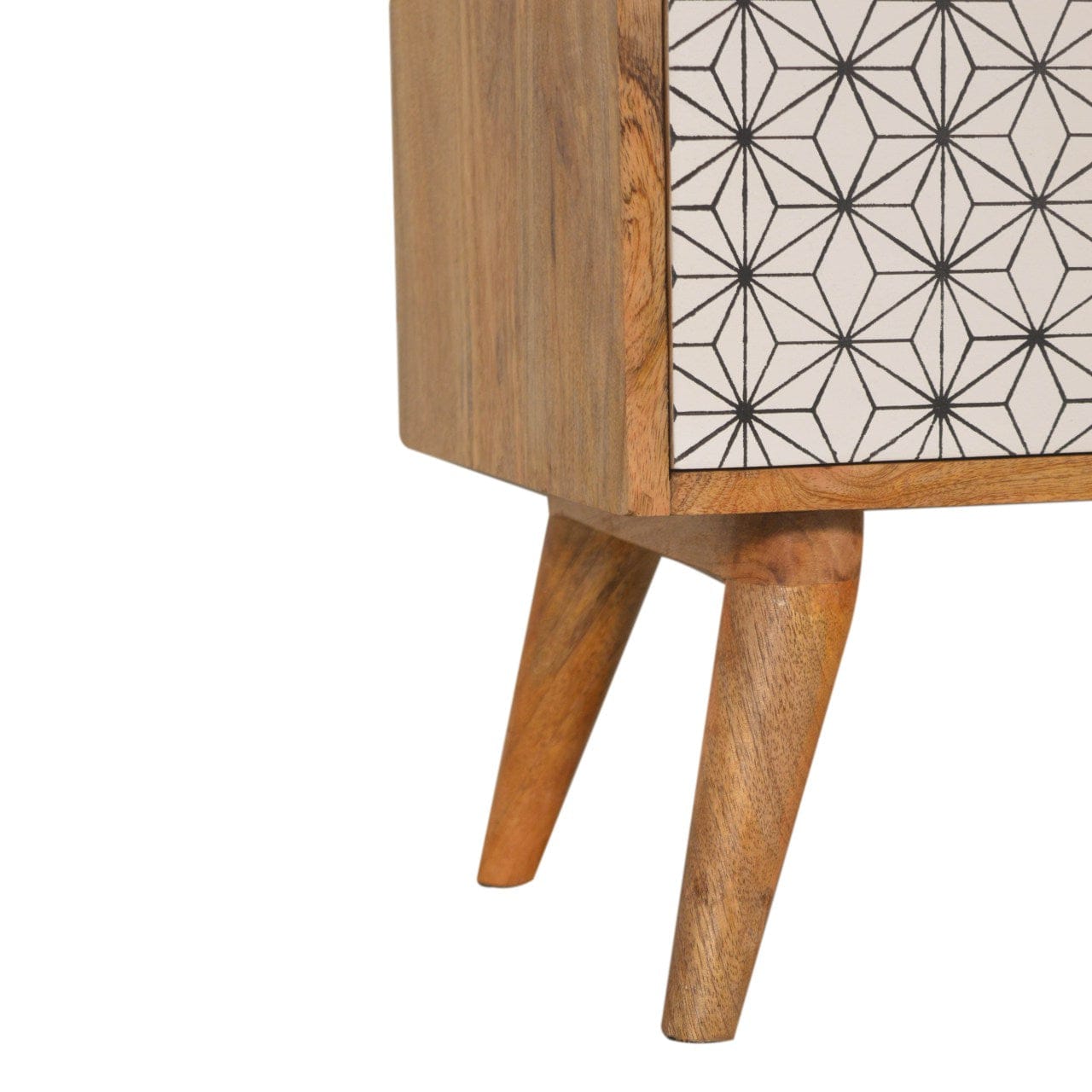 Geo Screen Printed 2 Tone Nightstand - Solid Mango Wood Bedside Table for Bedroom - product view 7 showing handcrafted...