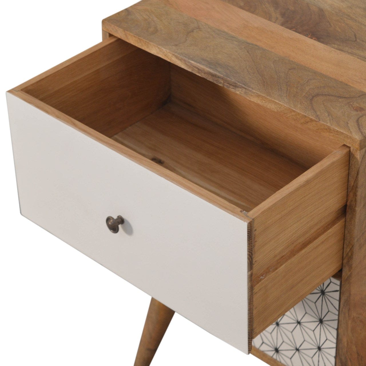Geo Screen Printed 2 Tone Nightstand - Solid Mango Wood Bedside Table for Bedroom - product view 6 showing handcrafted...