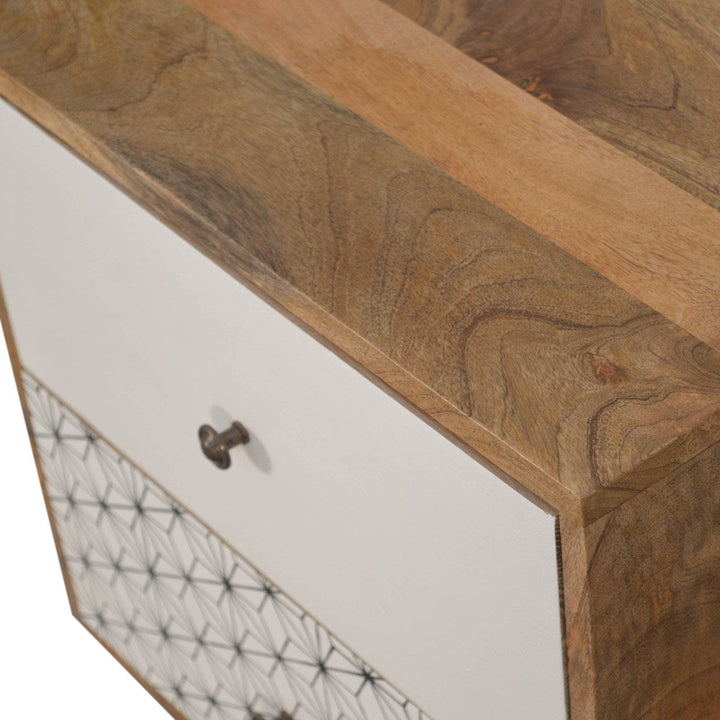 Geo Screen Printed 2 Tone Nightstand - Solid Mango Wood Bedside Table for Bedroom - product view 5 showing handcrafted...