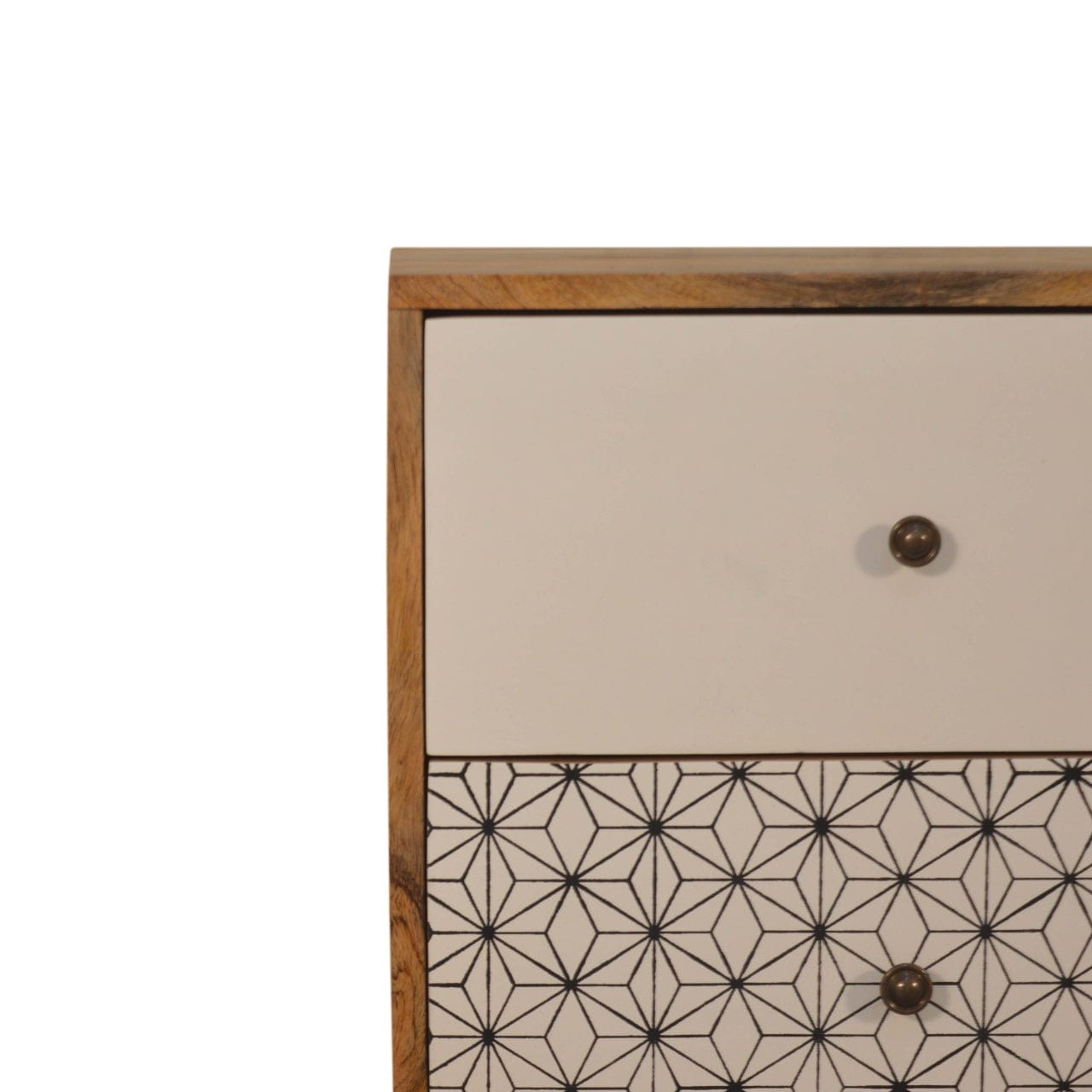 Geo Screen Printed 2 Tone Nightstand - Solid Mango Wood Bedside Table for Bedroom - product view 4 showing handcrafted...