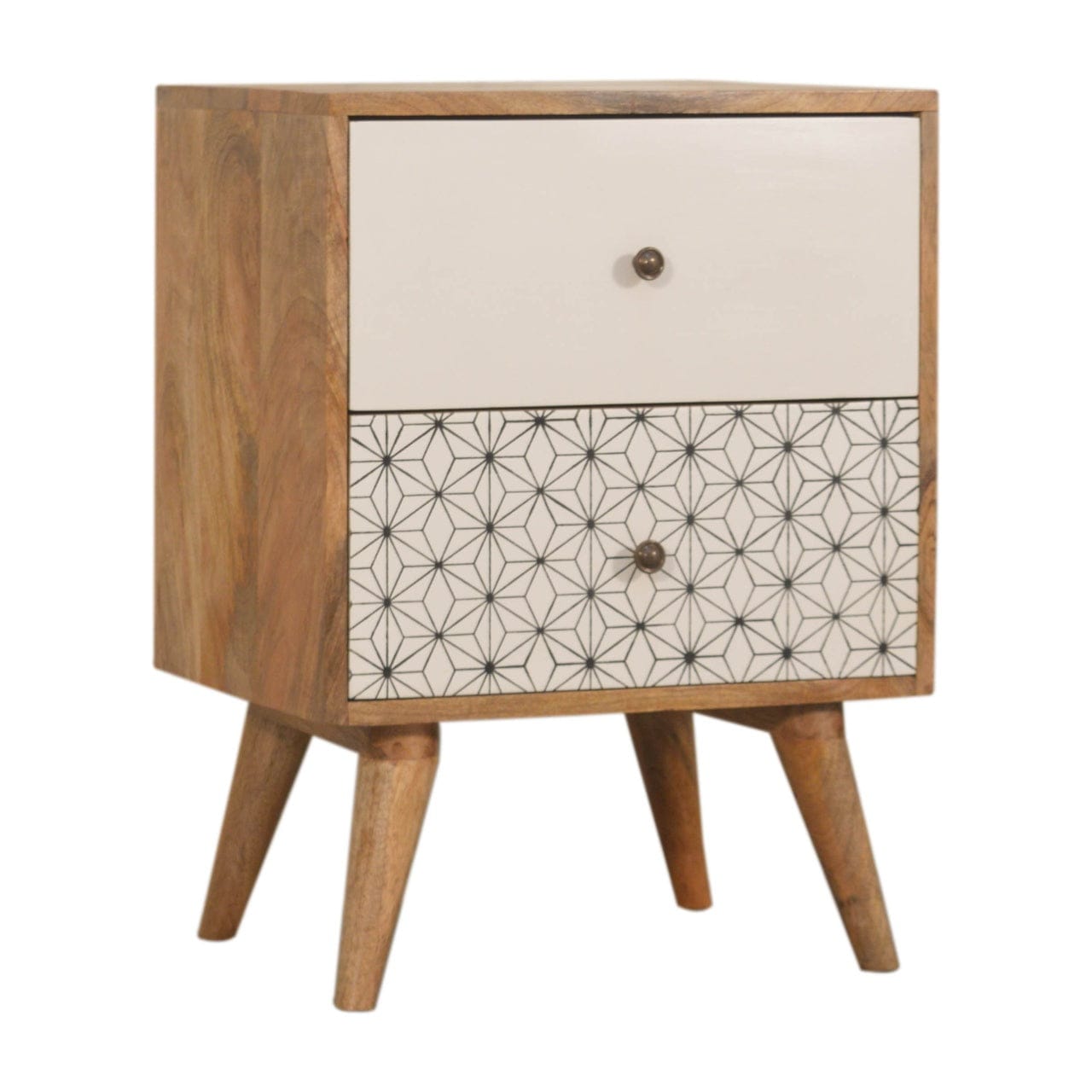 Geo Screen Printed 2 Tone Nightstand - Solid Mango Wood Bedside Table for Bedroom - product view 3 showing handcrafted...