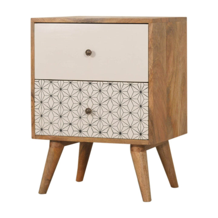 Geo Screen Printed 2 Tone Nightstand - Solid Mango Wood Bedside Table for Bedroom - product view 2 showing handcrafted...