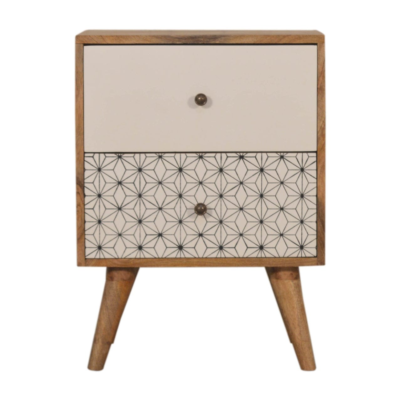 Geo Screen Printed 2 Tone Nightstand - Solid Mango Wood Bedside Table for Bedroom - main view showing handcrafted solid...