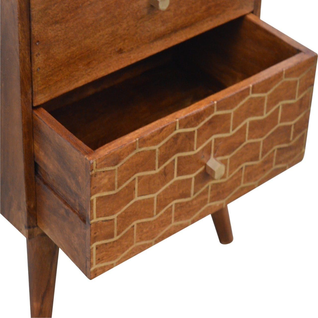 Gold Art Pattern 2 Drawer Nightstand - Solid Mango Wood Bedside Table for Bedroom - product view 5 showing handcrafted...