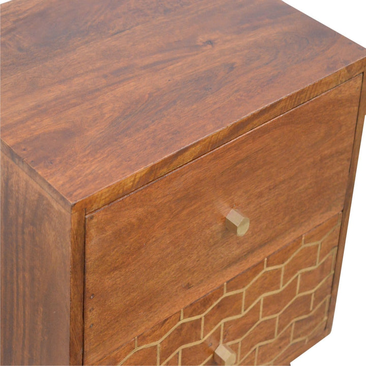 Gold Art Pattern 2 Drawer Nightstand - Solid Mango Wood Bedside Table for Bedroom - product view 4 showing handcrafted...