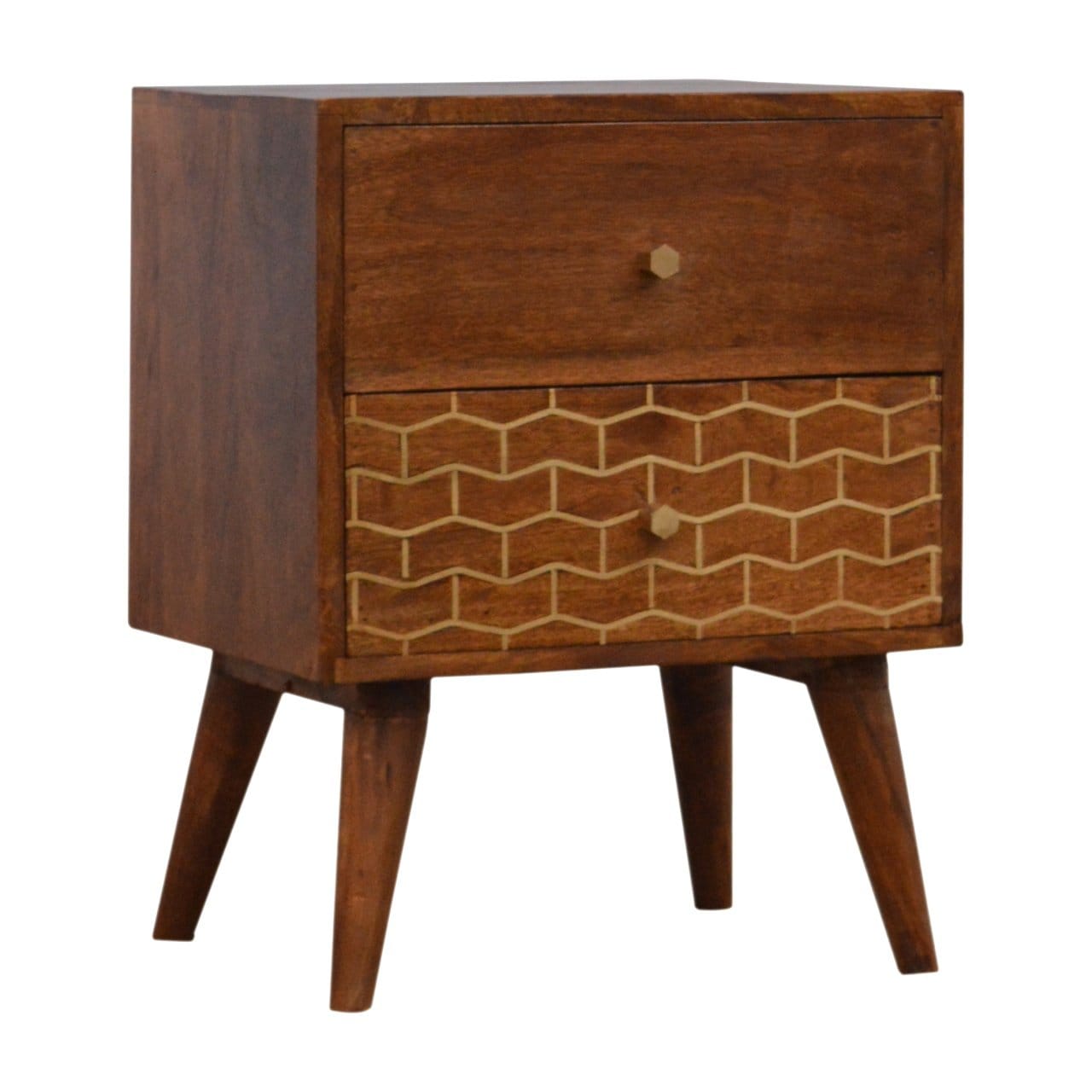Gold Art Pattern 2 Drawer Nightstand - Solid Mango Wood Bedside Table for Bedroom - product view 2 showing handcrafted...
