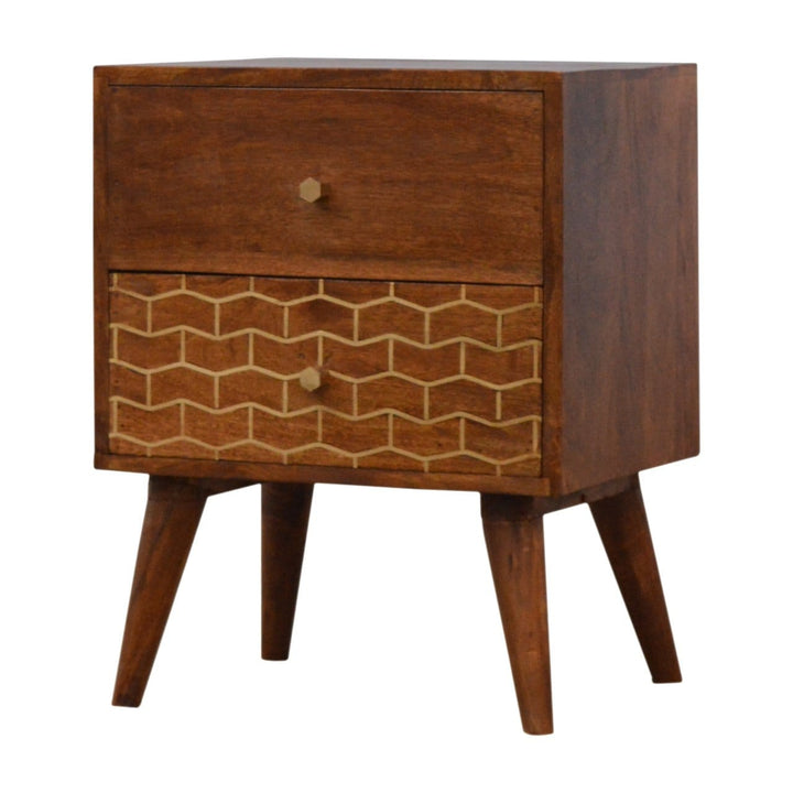 Gold Art Pattern 2 Drawer Nightstand - Solid Mango Wood Bedside Table for Bedroom - main view showing handcrafted solid...
