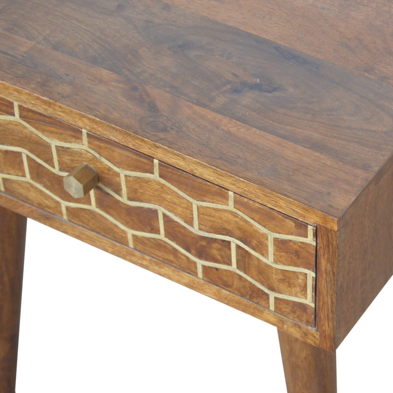 Gold Art Pattern Nightstand - Solid Mango Wood Bedside Table for Bedroom - product view 6 showing handcrafted solid mango...