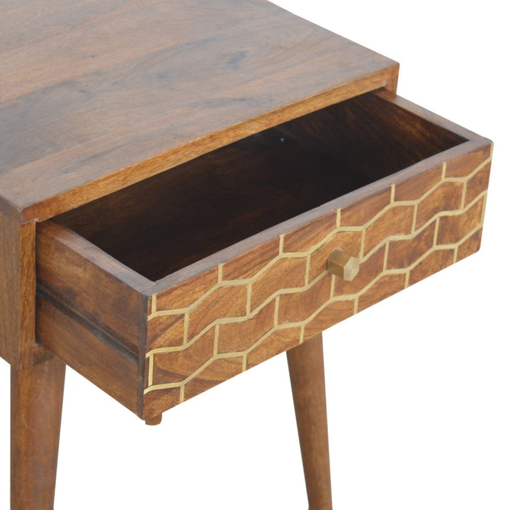 Gold Art Pattern Nightstand - Solid Mango Wood Bedside Table for Bedroom - product view 4 showing handcrafted solid mango...
