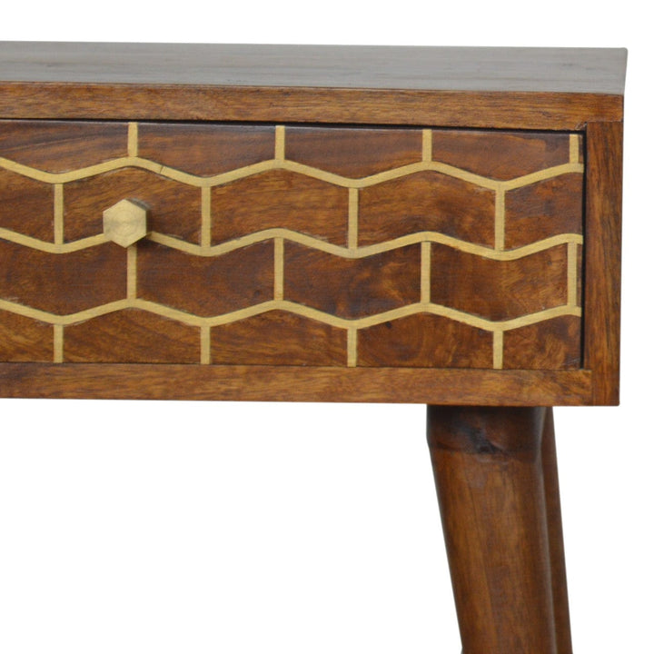 Gold Art Pattern Nightstand - Solid Mango Wood Bedside Table for Bedroom - product view 3 showing handcrafted solid mango...