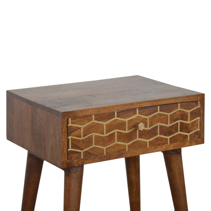 Gold Art Pattern Nightstand - Solid Mango Wood Bedside Table for Bedroom - product view 2 showing handcrafted solid mango...